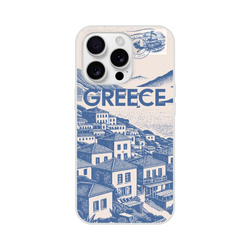 Vintage postcard Greece holiday iPhone case for 13-16, blue cityscape with stamp motif.