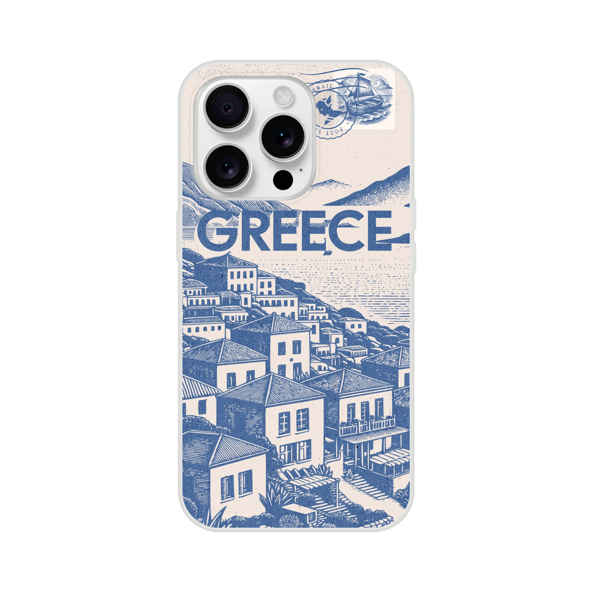 Vintage postcard Greece holiday iPhone case for 13-16, blue cityscape with stamp motif.