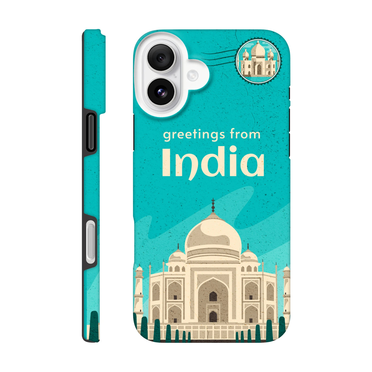 Teal India Taj Mahal postcard rugged iPhone case (13-16) travel cover with wraparound artwork.