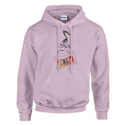 Pink pullover hoodie featuring a retro cassette tape graphic with unwinding black tape and a vibrant orange label design.