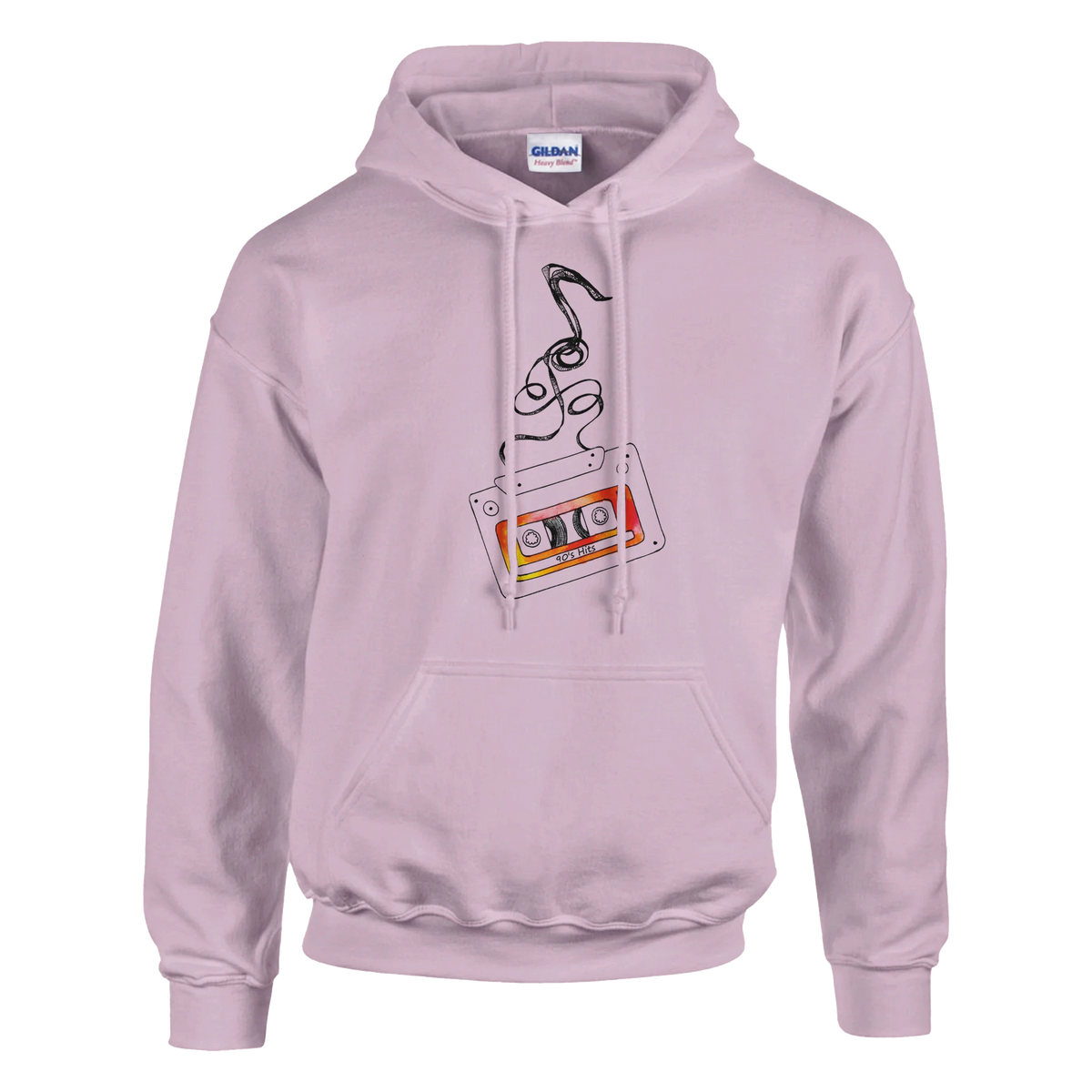Pink pullover hoodie featuring a retro cassette tape graphic with unwinding black tape and a vibrant orange label design.