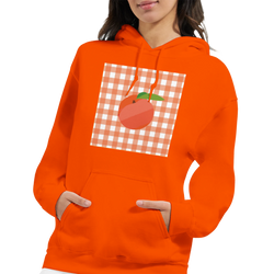 Orange hoodie featuring a retro peach graphic on a gingham background. Vintage fruit pullover for streetwear.