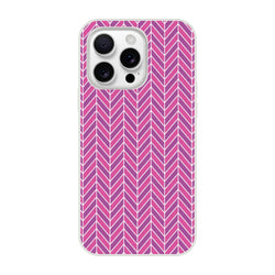 Pink herringbone iPhone case with geometric chevron pattern, slim frosty transparent TPU cover for models 13-16.