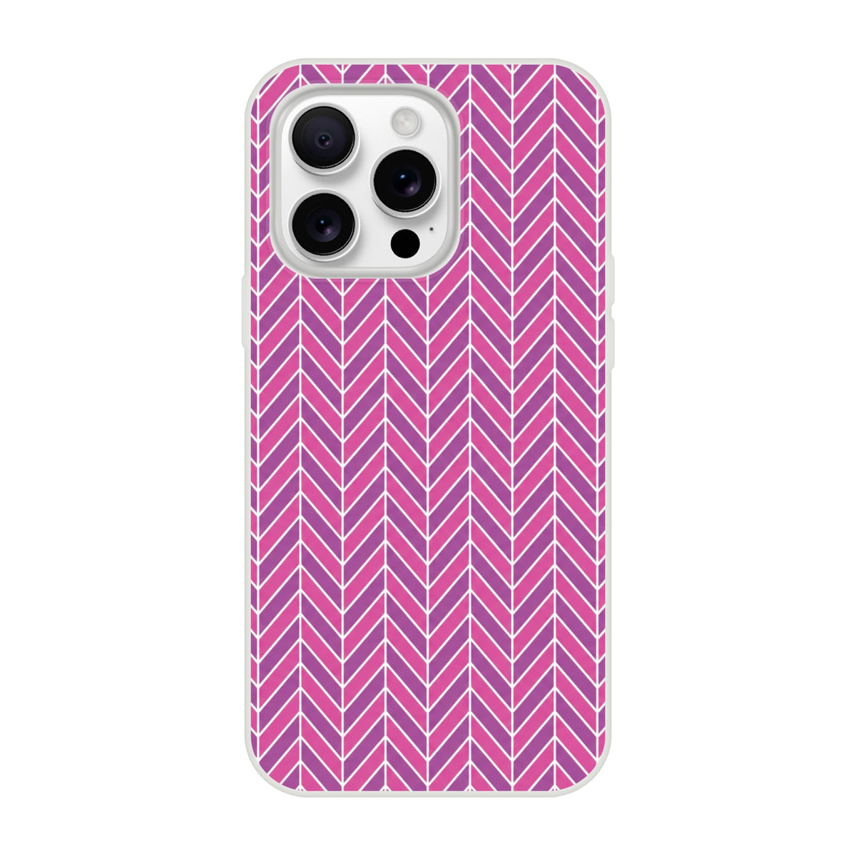 Pink herringbone iPhone case with geometric chevron pattern, slim frosty transparent TPU cover for models 13-16.