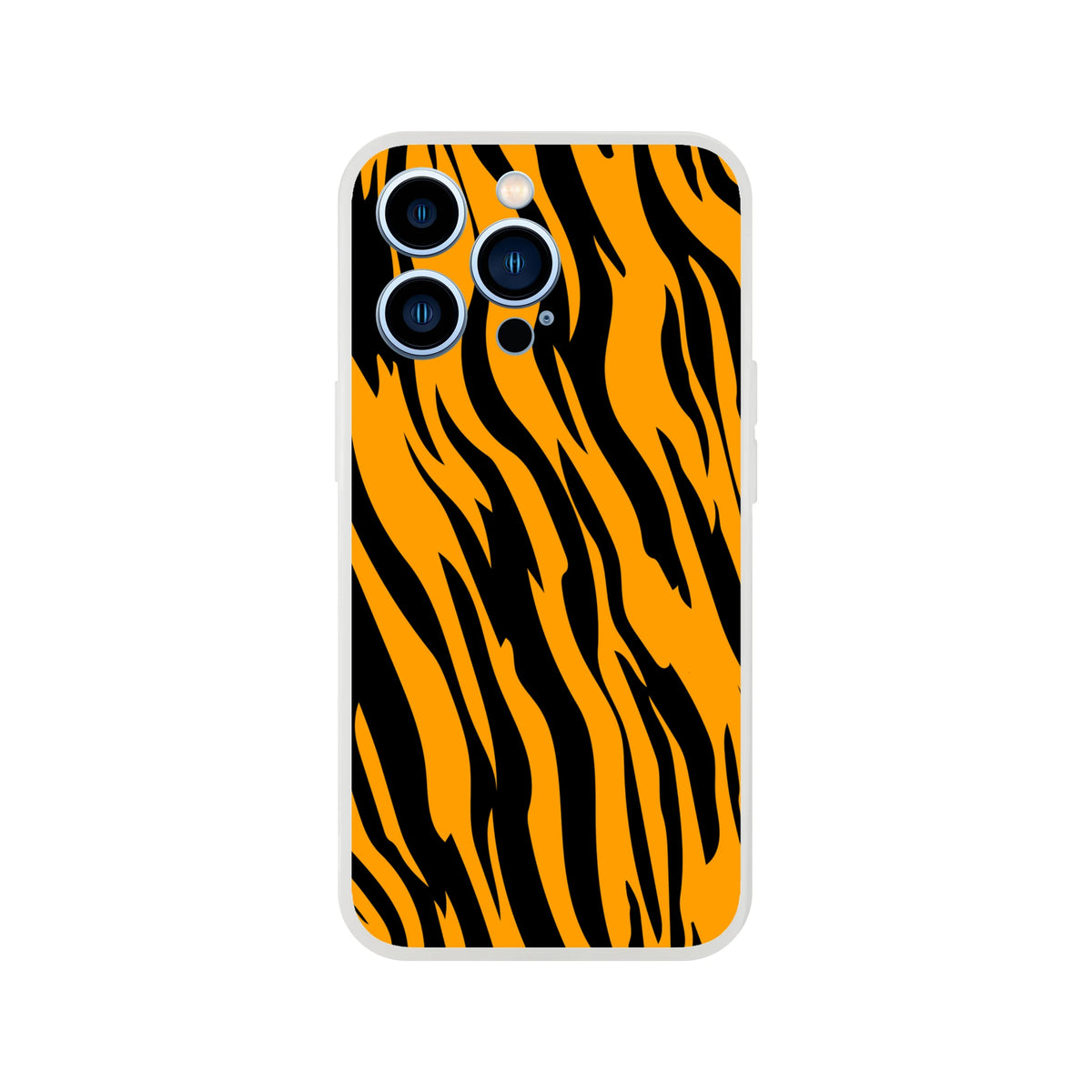 Orange and black tiger-print iPhone case compatible with iPhone 13–16, bold animal aesthetic with a slim matte shell.