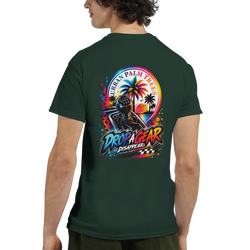 Men's dark green tee featuring colorful "Drop a Gear Disappear" graphic with manual shifter and urban palm tree sunset design.