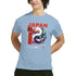 Japanese men's graphic T-shirt in light blue featuring koi fish artwork and bold JAPAN typography.