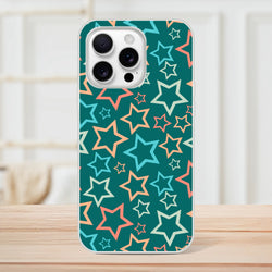 Retro multicolour star iPhone case for 13-16 with teal background and neon star outlines.
