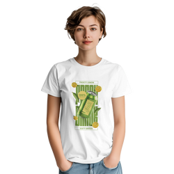 White women's tee featuring a retro green lemon soda can graphic with yellow citrus slices and bold typography.