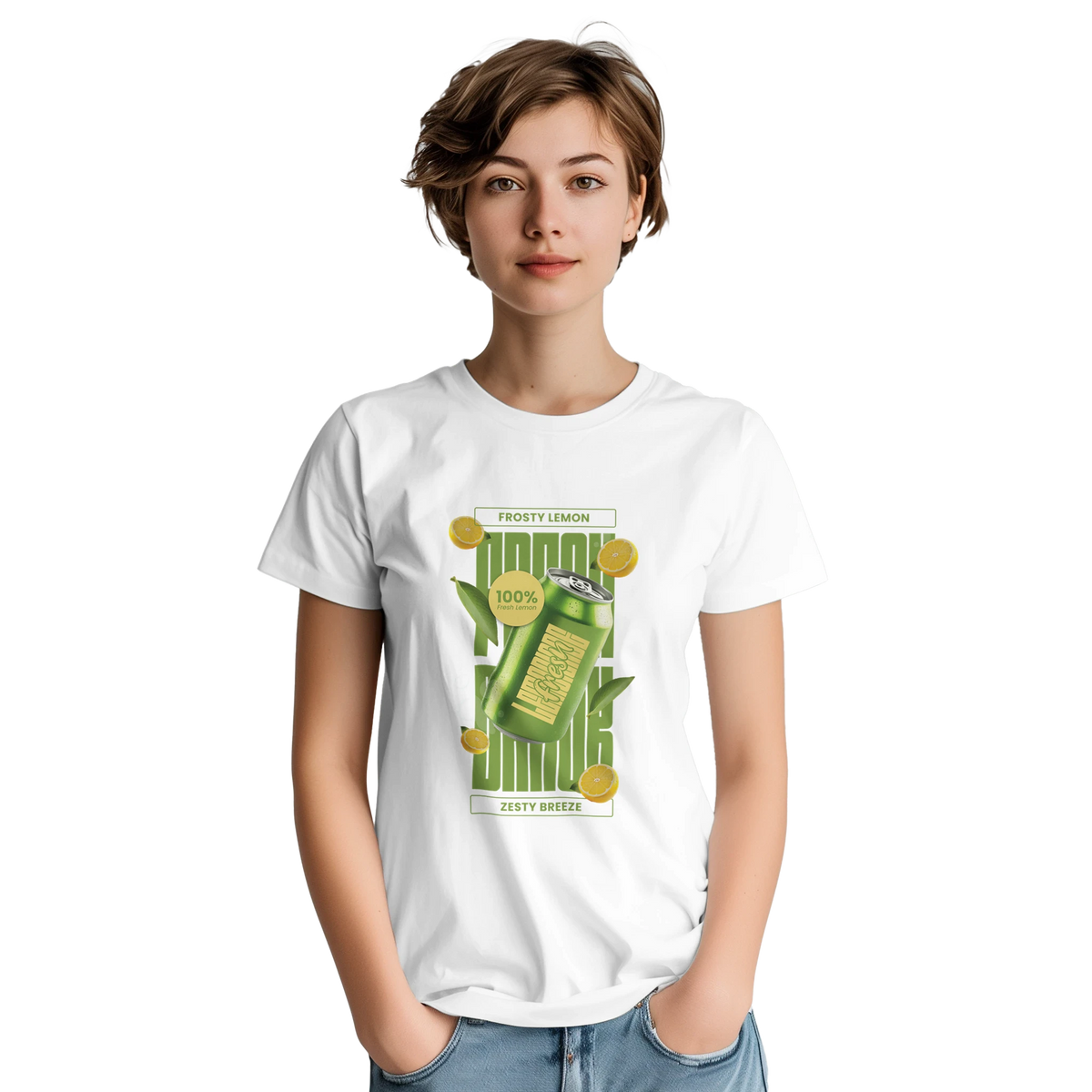 White women's tee featuring a retro green lemon soda can graphic with yellow citrus slices and bold typography.