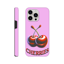 Pink retro cherry tough iPhone case with Y2K fruit design and bold text for durable everyday protection and style.