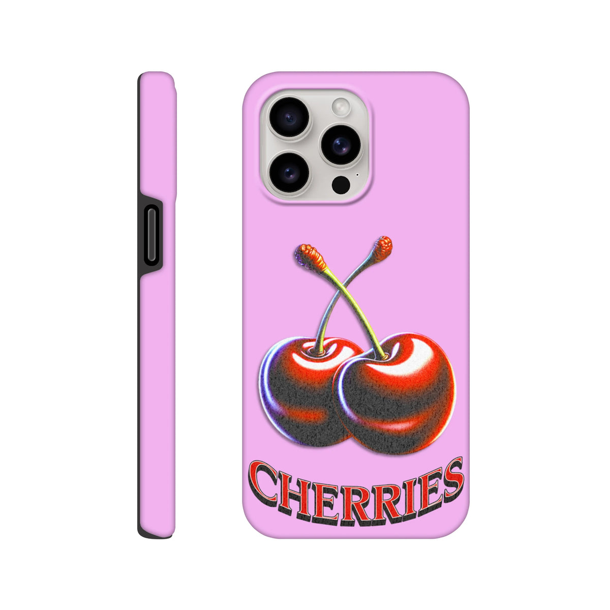 Pink retro cherry tough iPhone case with Y2K fruit design and bold text for durable everyday protection and style.