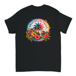 Retro black tee back print featuring colorful hibiscus flowers, palm tree, and sunset within a dripping paint circle design.