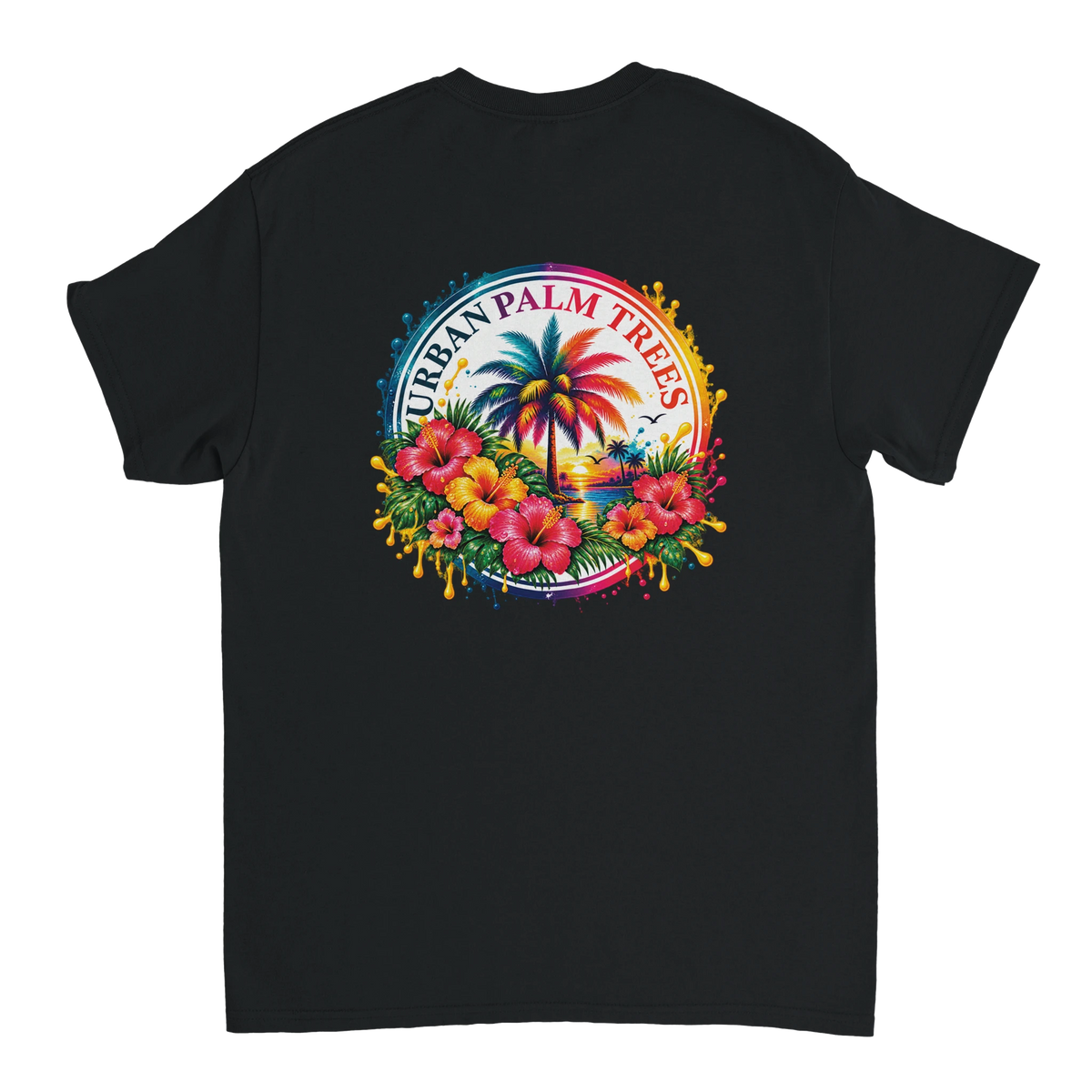 Retro black tee back print featuring colorful hibiscus flowers, palm tree, and sunset within a dripping paint circle design.