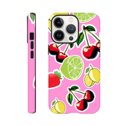 Pink tough iPhone case featuring cherry, lime, and lemon sticker effects.Shock-absorbing shell guards phones 13-16 with vibrant fruit cover aesthetic.
