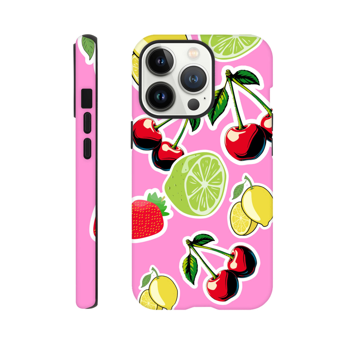 Pink tough iPhone case featuring cherry, lime, and lemon sticker effects.Shock-absorbing shell guards phones 13-16 with vibrant fruit cover aesthetic.