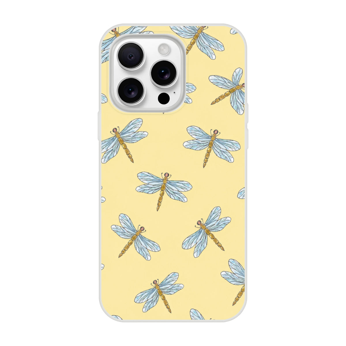 Yellow Dragonfly iPhone case with blue dragonfly pattern, slim shell for iPhone 13-16.