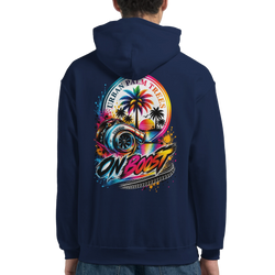 Navy hoodie back featuring colorful turbocharger and palm trees graphic with "ON BOOST" and "URBAN PALM TREES" text.