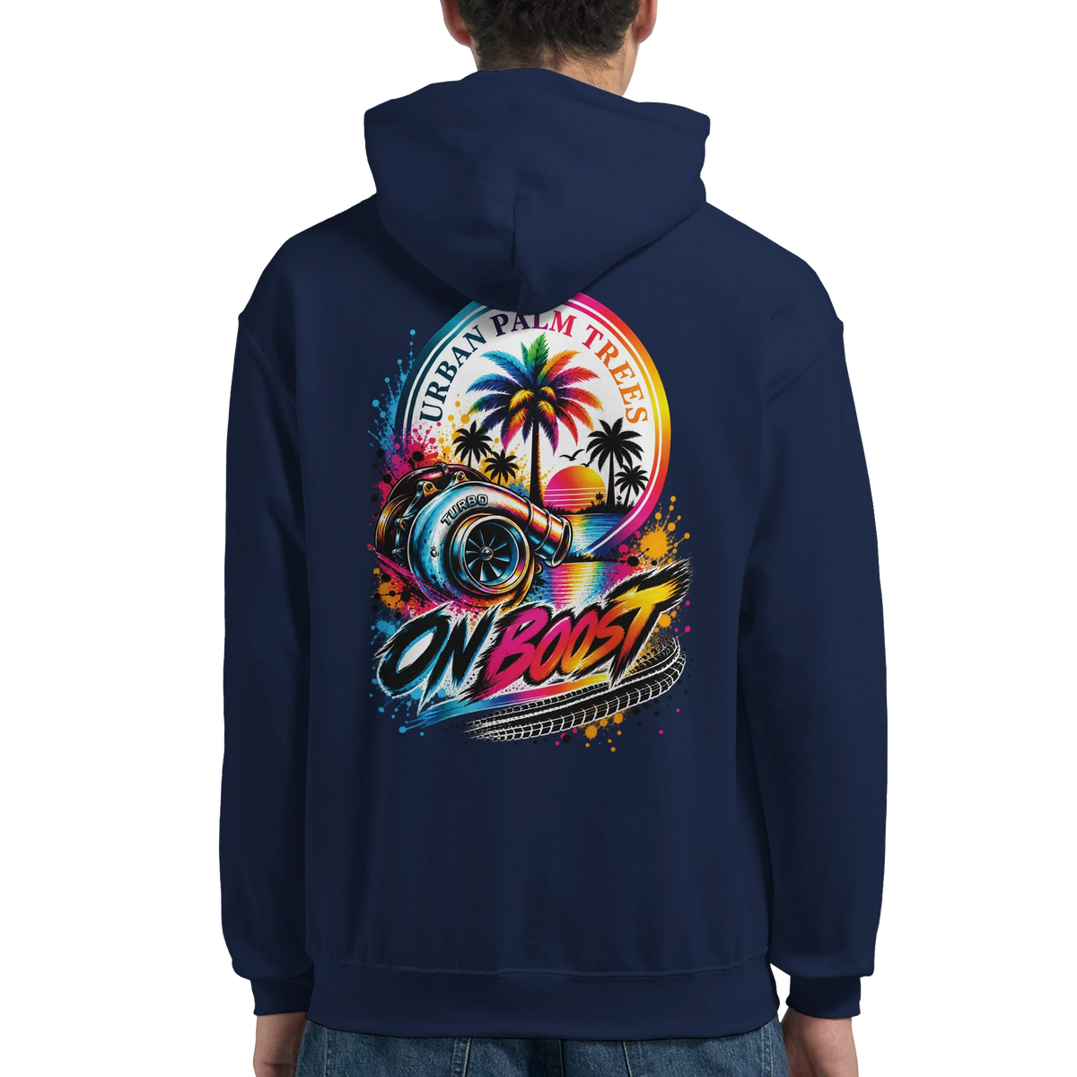 Navy hoodie back featuring colorful turbocharger and palm trees graphic with "ON BOOST" and "URBAN PALM TREES" text.