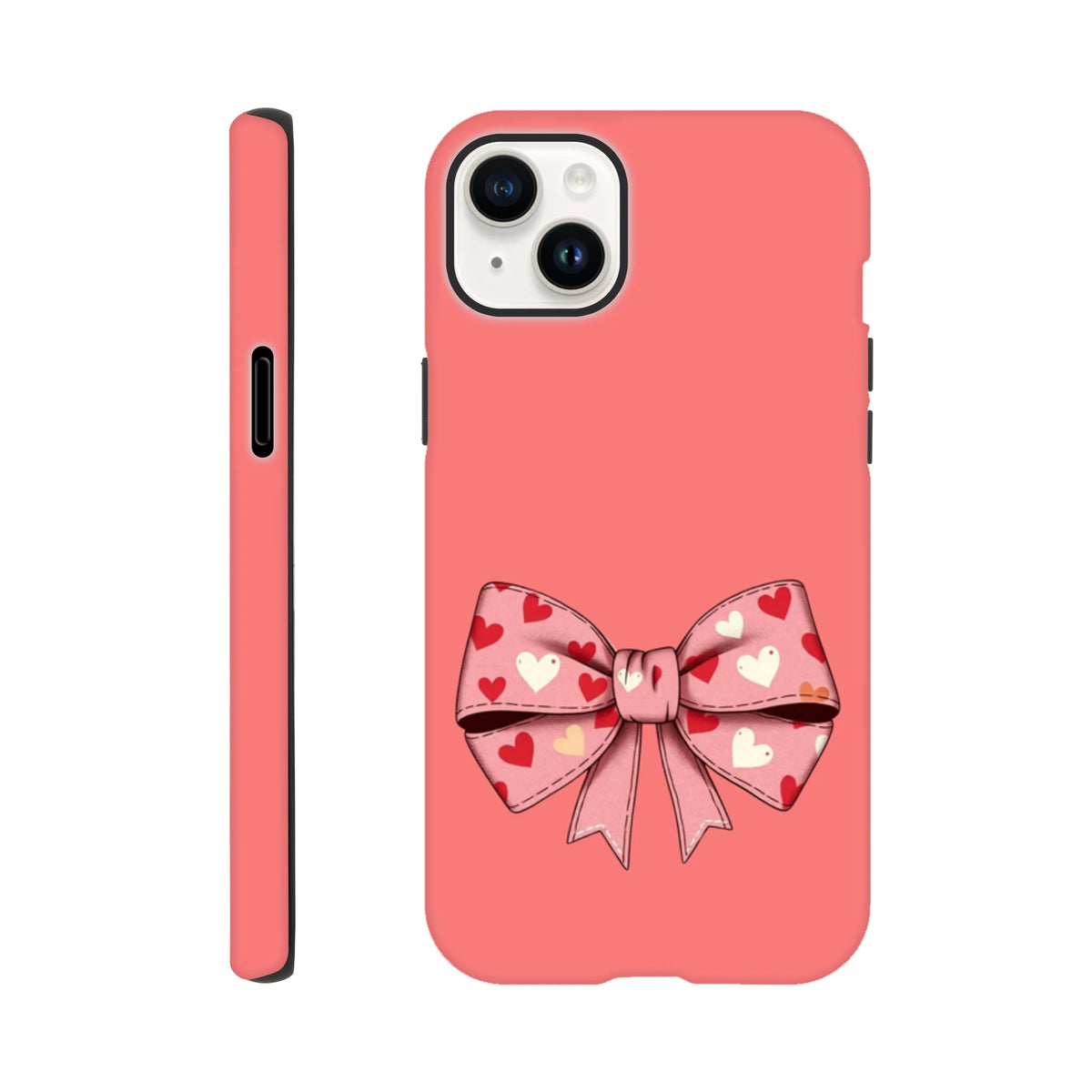 Pink iPhone case featuring a large bow pattern filled with red and white hearts. Cute coquette phone cover for bold aesthetics.