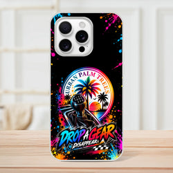 Petrolhead iPhone case featuring a colorful manual shifter, Urban Palm Trees sunset graphic, and Drop A Gear text against a painted black background.