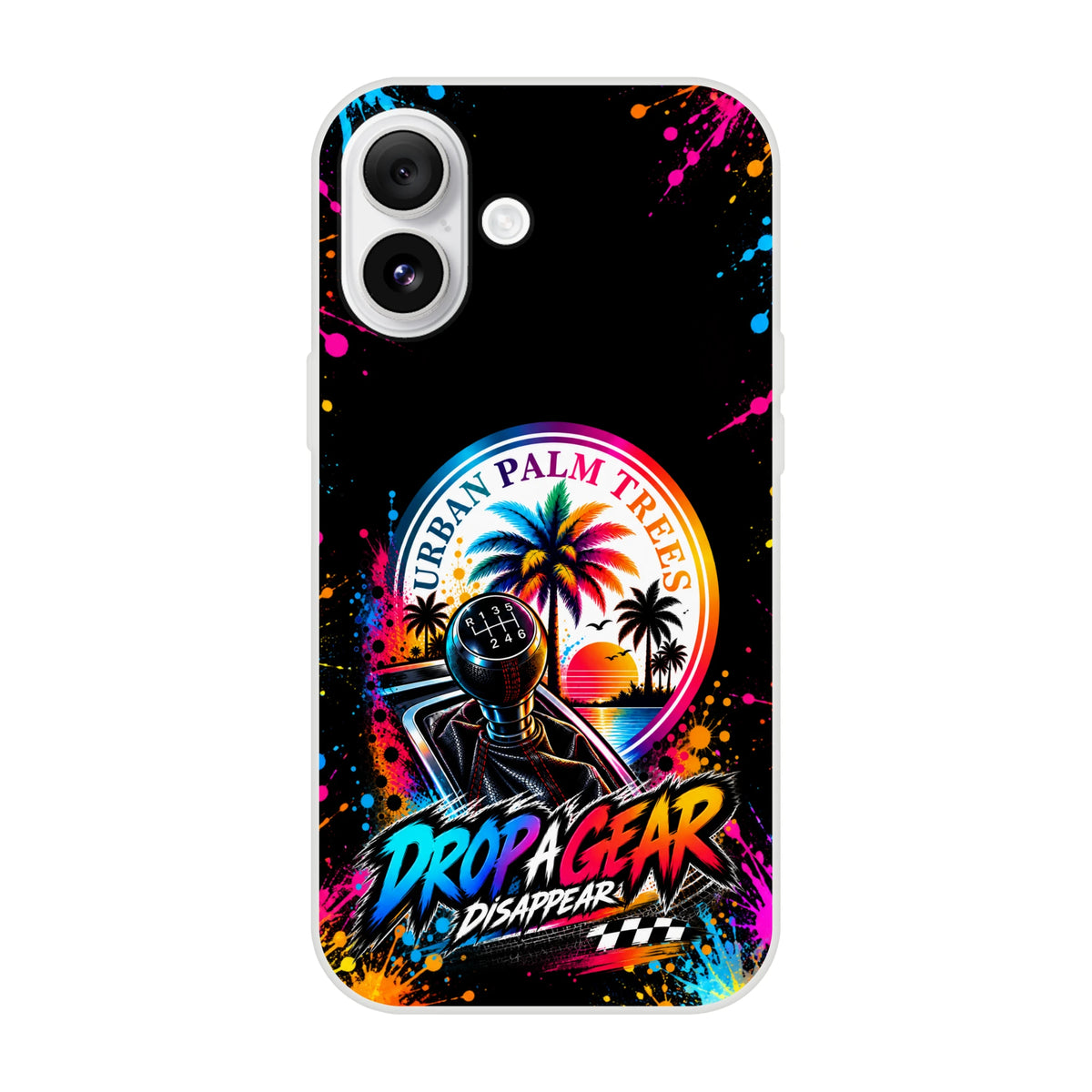 Drop A Gear iPhone case featuring a colorful manual shifter, urban palm trees sunset graphic, and paint splatter effects for petrolheads.