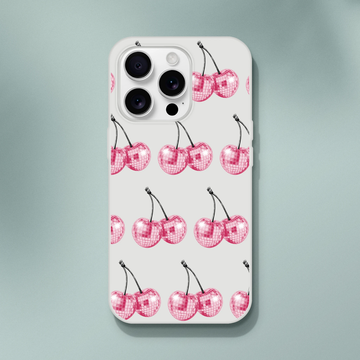 Glitter ball cherries pattern on frosted clear Flexi Case for iPhone 13-16, slim protective cover