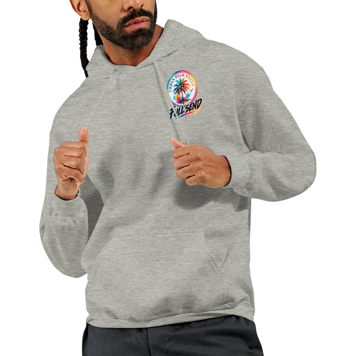 Gray men's pullover hoodie with colorful Urban Palm Trees Killsend chest graphic and front pouch pocket.
