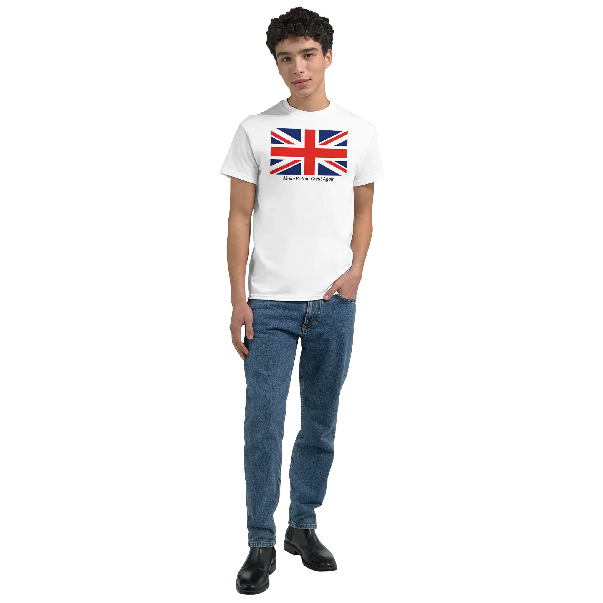 Man in white T-shirt with Union Jack Make Britain Great Again slogan, men's graphic cotton-blend tee.