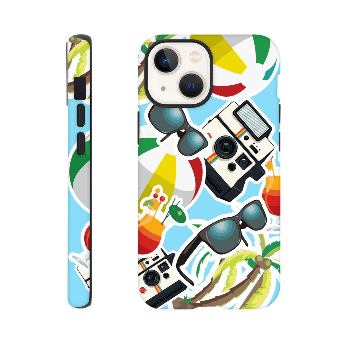 Vibrant summer holiday sticker effect iPhone case featuring palm trees, sunglasses, and vintage cameras on a blue background.