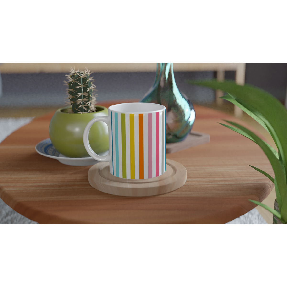 Rainbow Stripe Ceramic Mug with colorful vertical stripes on a wooden table, for daily coffee, surrounded by plants.
