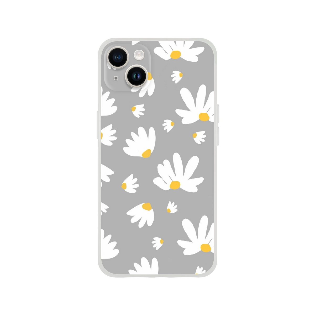 Ditsy Daisy iPhone case for 13-16 with gray background, white daisies and yellow centers, slim matte shell