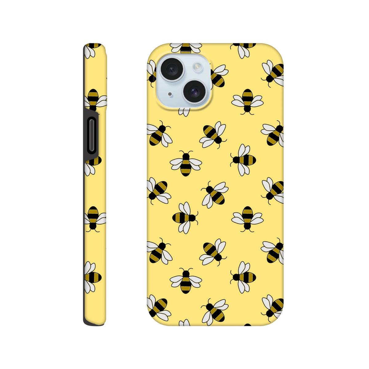 Yellow bumble bee tough phone case with cute black and white bee pattern wraparound print for iPhone 13-16 protection.