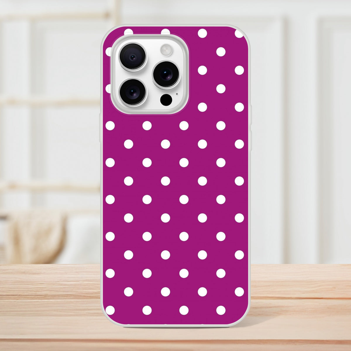 Retro purple and white polka dot iPhone case with matte finish. Shock-absorbing TPU phone cover for iPhone 13-16 series.