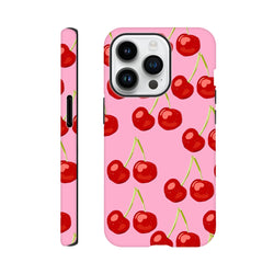 Pink Tough iPhone case featuring a cute red cherry pattern with seamless wraparound print for street-ready style.