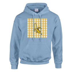 Light blue women's hoodie with a yellow banana gingham panel and banana graphic on the chest.
