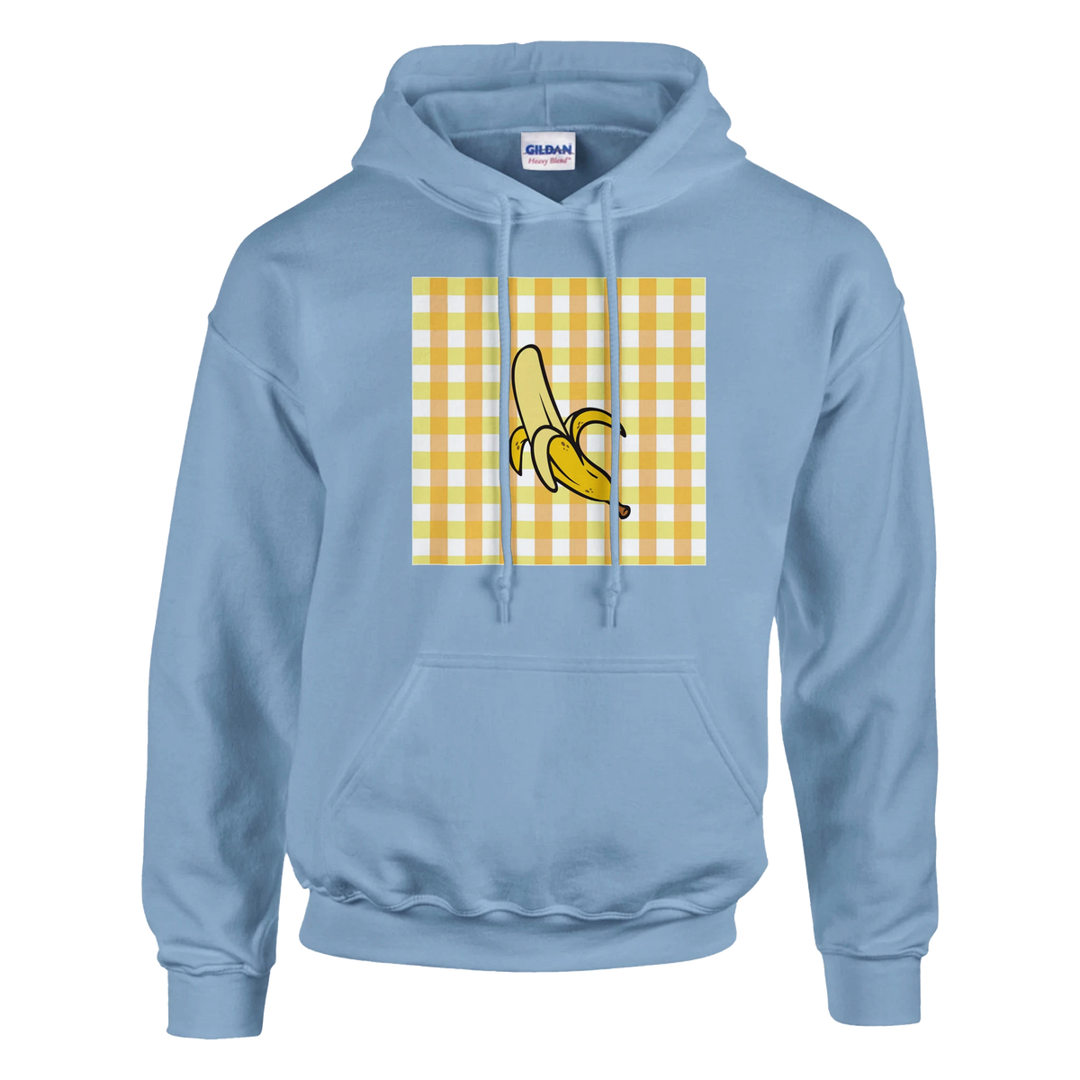 Light blue women's hoodie with a yellow banana gingham panel and banana graphic on the chest.