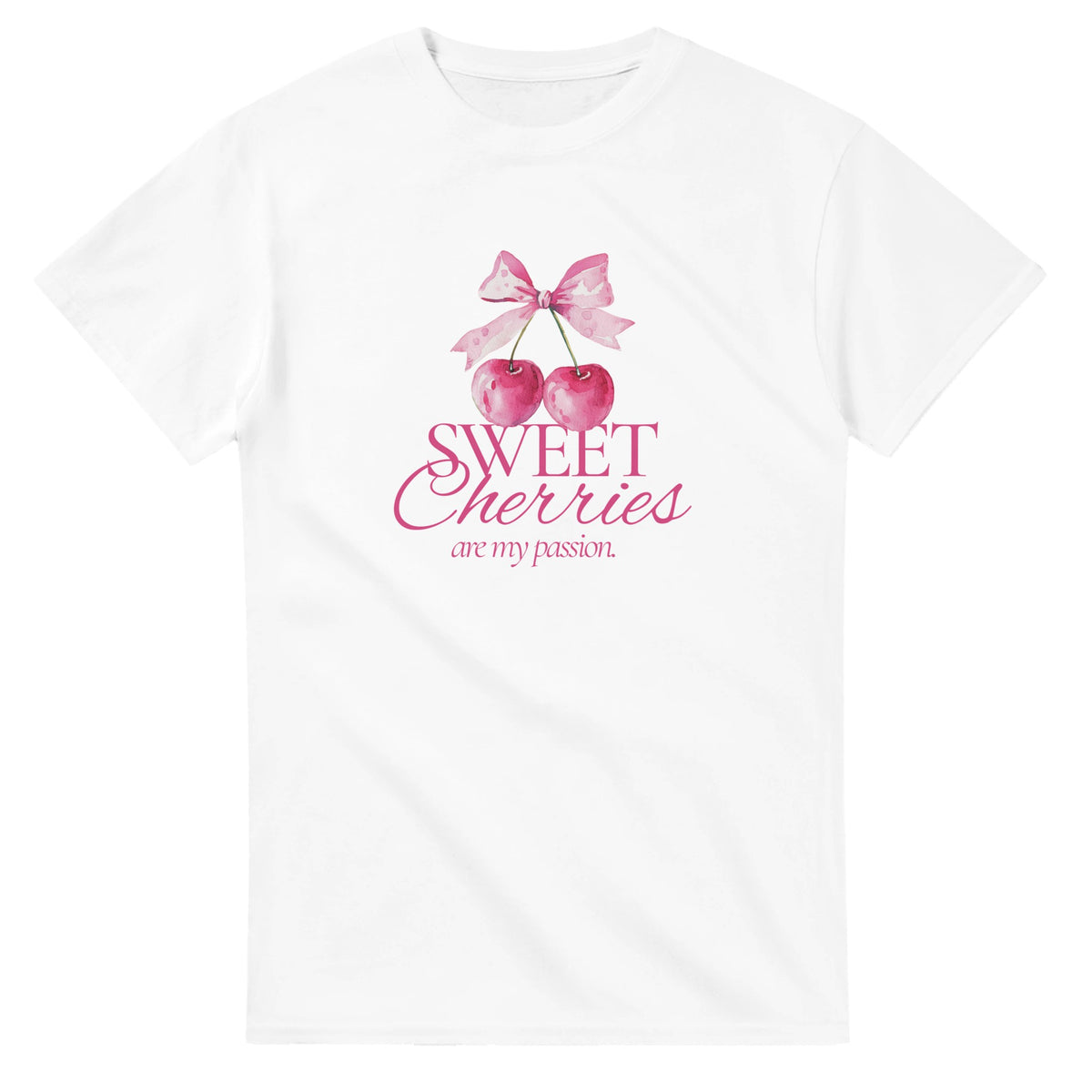 White T-shirt with pink cherries graphic and a pink bow, featuring the words Sweet Cherries are my passion.