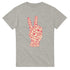 Grey heavyweight cotton-blend Peace graphic T-shirt with pink word-art peace sign hand design.