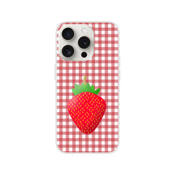 Pink gingham iPhone case with a strawberry illustration on a slim matte cover for iPhone 13-16.