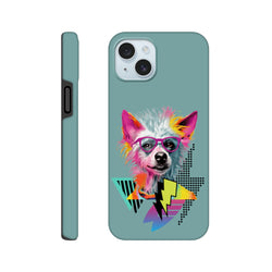 Teal iPhone case featuring a retro pop art dog with sunglasses and colorful geometric lightning bolt graphics.