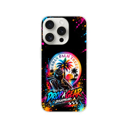 Drop A Gear iPhone case featuring a manual shifter, colorful palm trees, and paint splatter design for petrolheads.