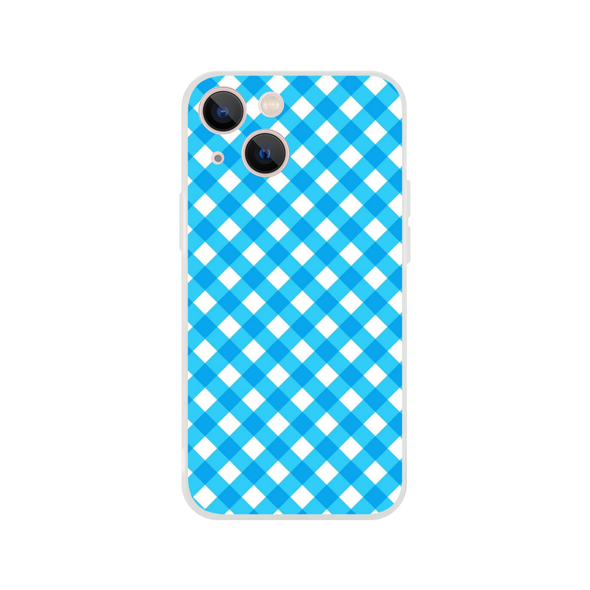 Blue Gingham iPhone Case (13-16): preppy checkered aesthetic cover with a bold blue-and-white graphic print.
