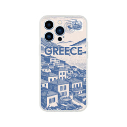 Vintage postcard-style Greece holiday iPhone case (13-16) with blue retro cityscape design
