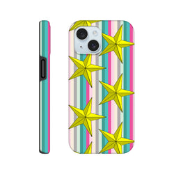 Retro star stripe tough iPhone case with colorful vertical stripes and bright yellow graphic stars on a protective TPU cover.
