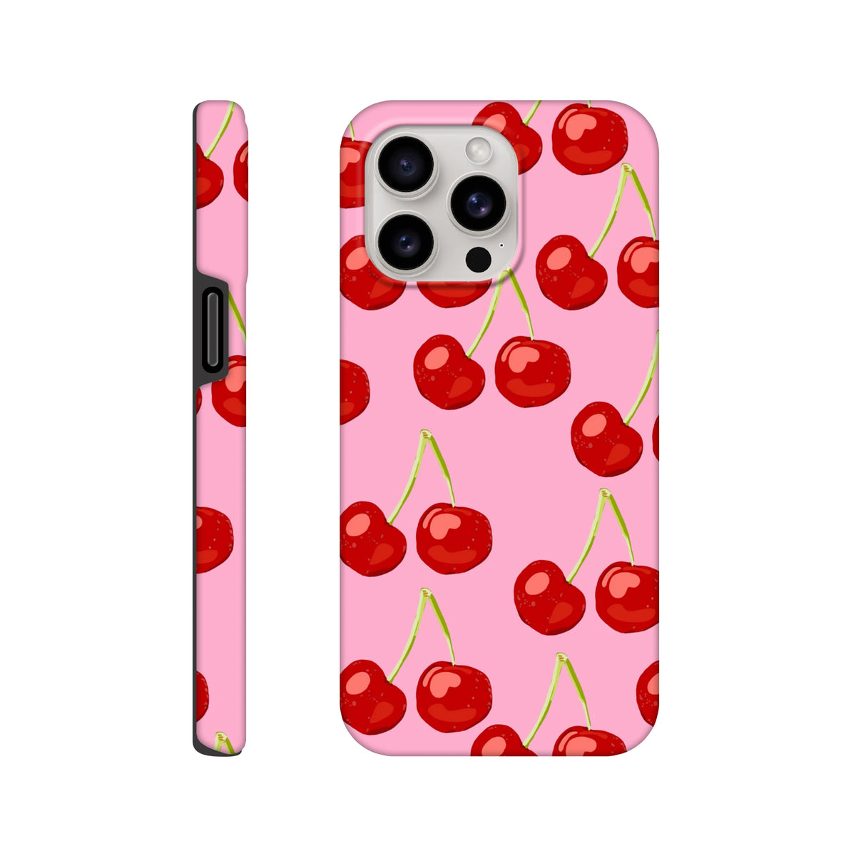 Pink iPhone case featuring a red cherry pattern with green stems on a vibrant pink background, offering bold street-ready style.