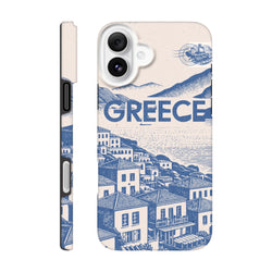 Vintage Greece tough iPhone case featuring a blue and cream Mediterranean village Illustration with a vintage airmail stamp design.