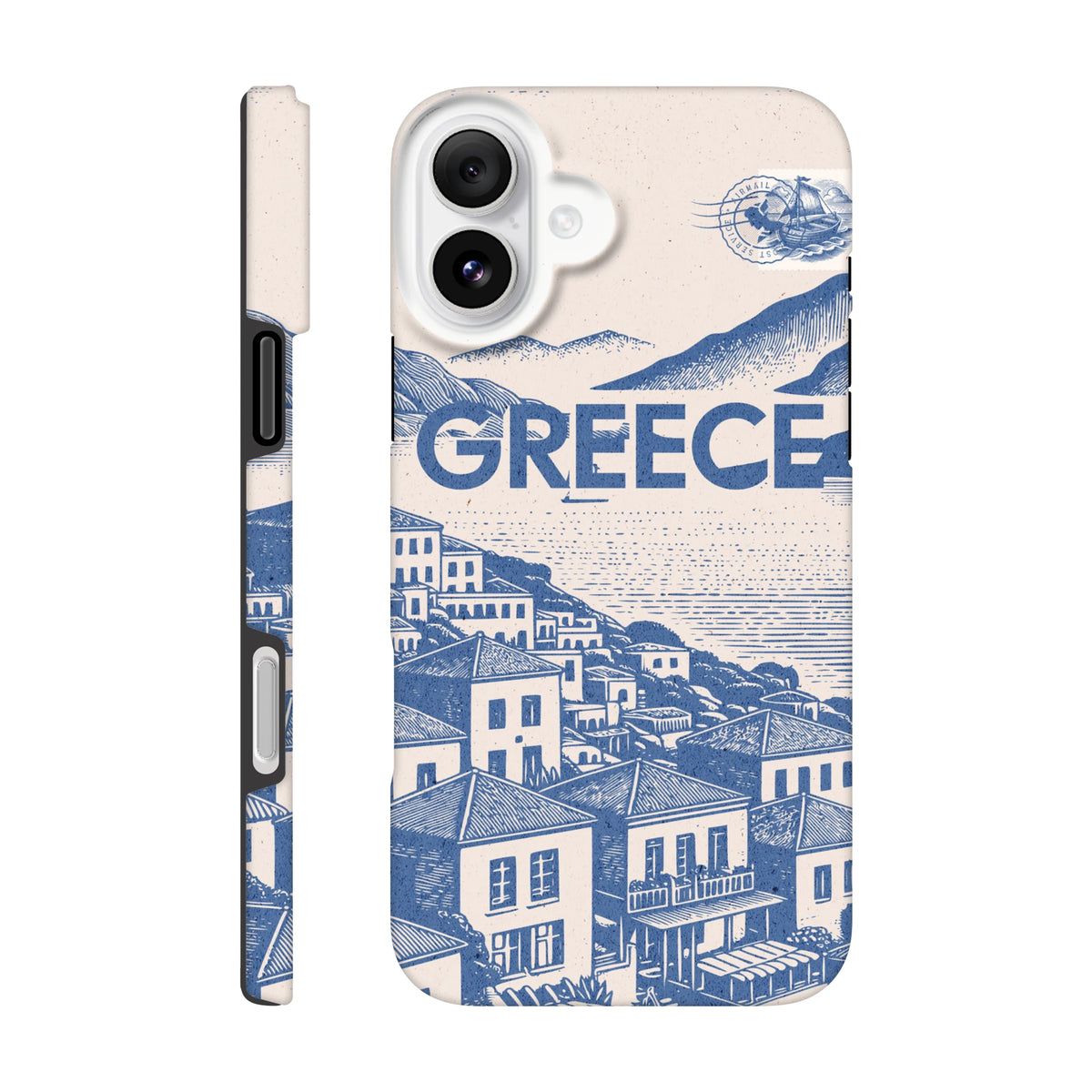 Vintage Greece tough iPhone case featuring a blue and cream Mediterranean village Illustration with a vintage airmail stamp design.