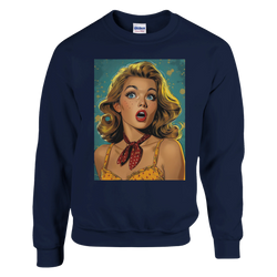 Retro Pop Art Woman Sweatshirt for Men with a vintage comic-style portrait of a surprised blonde woman.