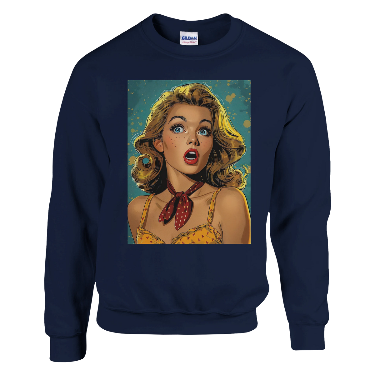 Retro Pop Art Woman Sweatshirt for Men with a vintage comic-style portrait of a surprised blonde woman.